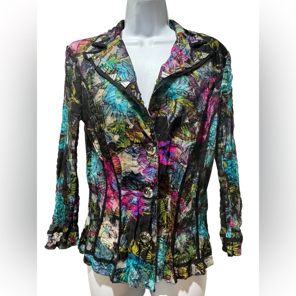 Alberto Makali Multicolor Butterfly Mesh  Jacket Top Size L Vintage Designer